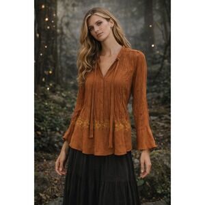 Michele Michelle Rust Orange Crinkle Boho Lace Trim Bell Sleeve Tie Blouse S